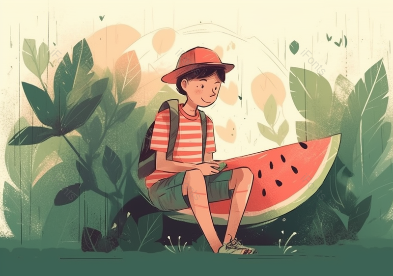 夏季坐在植物和西瓜傍边的男孩,插画/手绘图,插画/手绘图库,插画/手绘图下载,插画/手绘